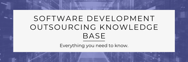 Software development outsourcing knowledge base. White-blue image with the title