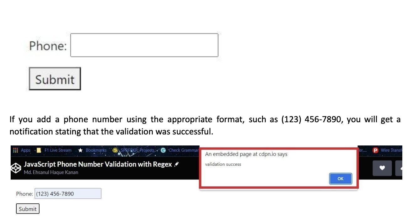 Validate phone number. A web page with inputs.